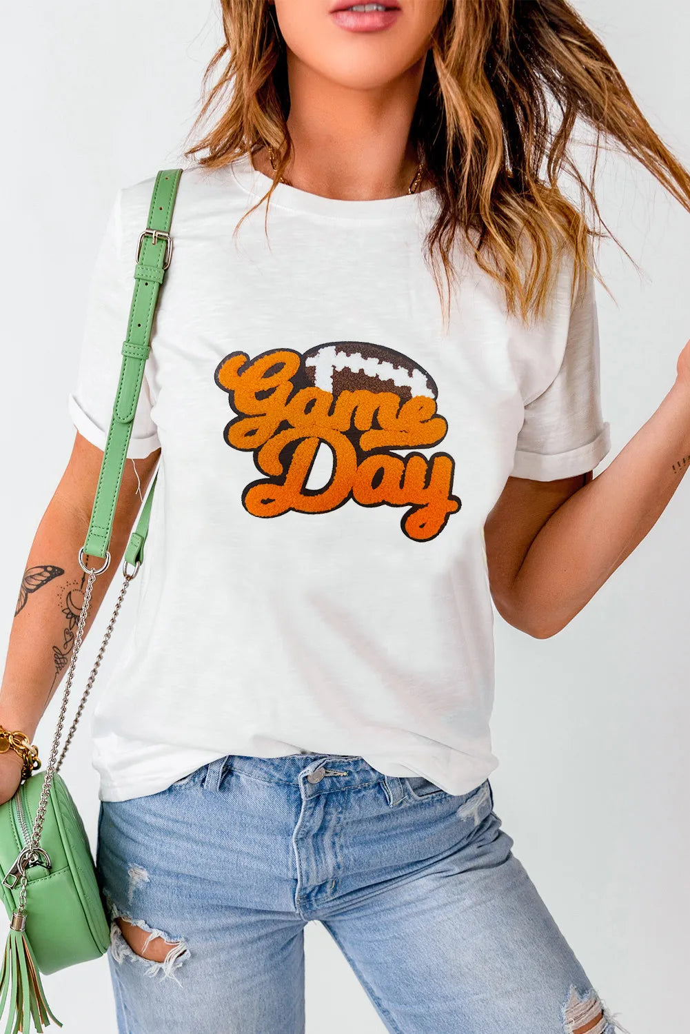 White Game Day T-shirt with football graphic, front view