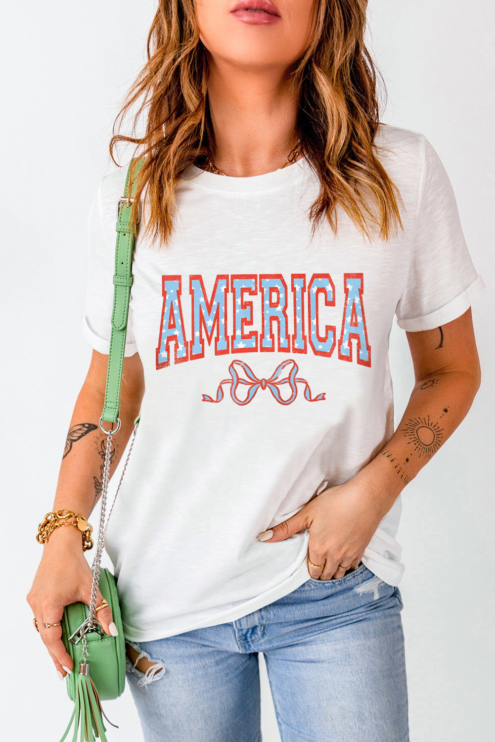 White AMERICA t-shirt styled with jeans