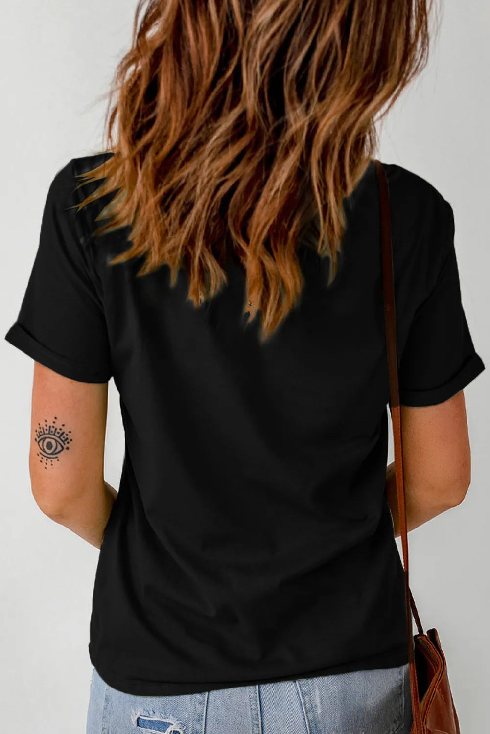 Back view of black round neck short sleeve T-shirt