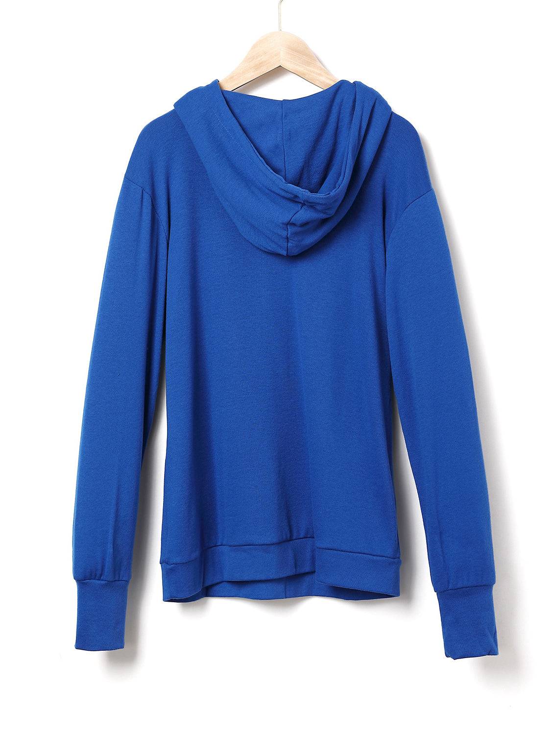 Blue hoodie on hanger, back view