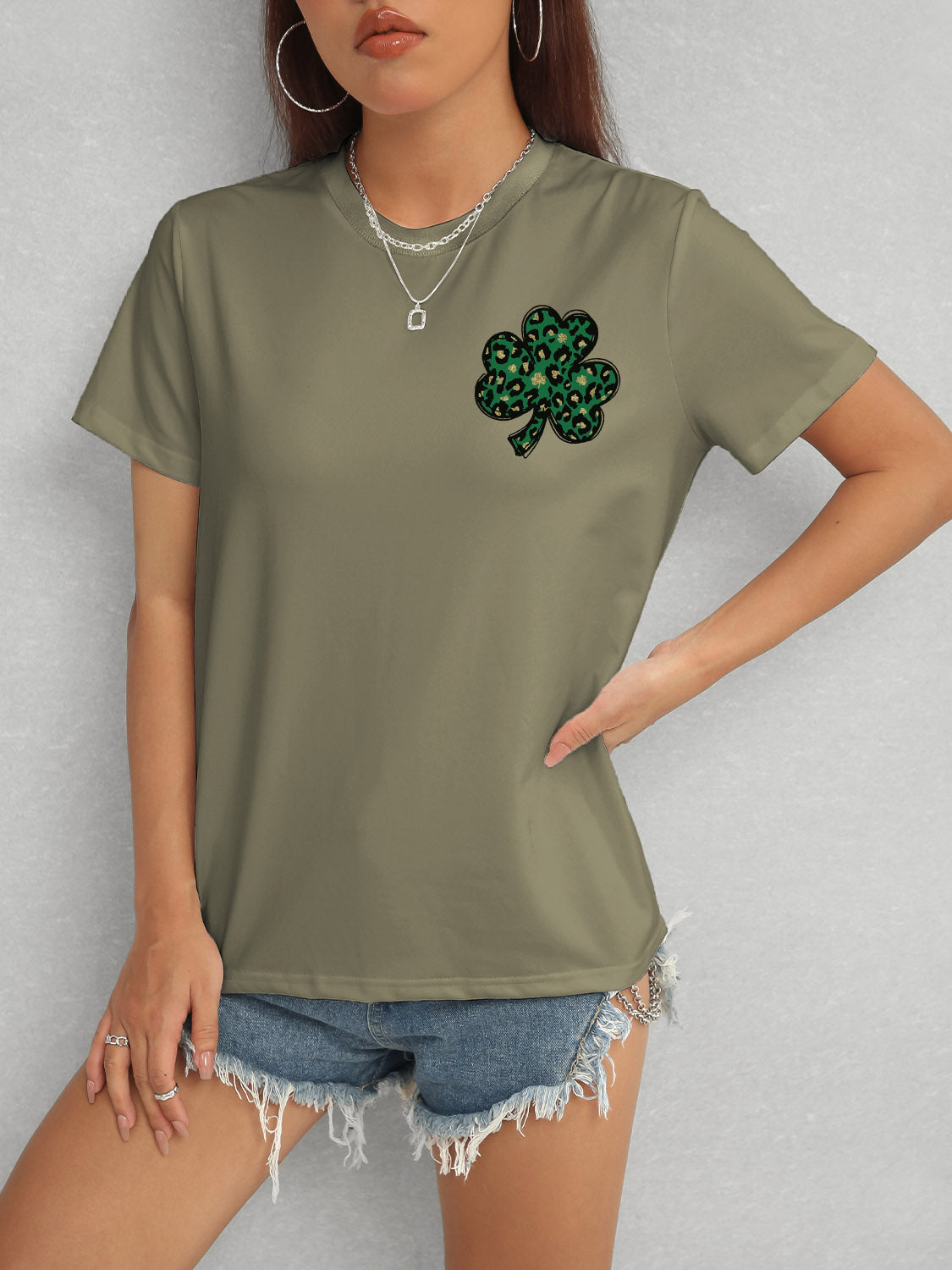 Olive Lucky Clover Round Neck T-Shirt