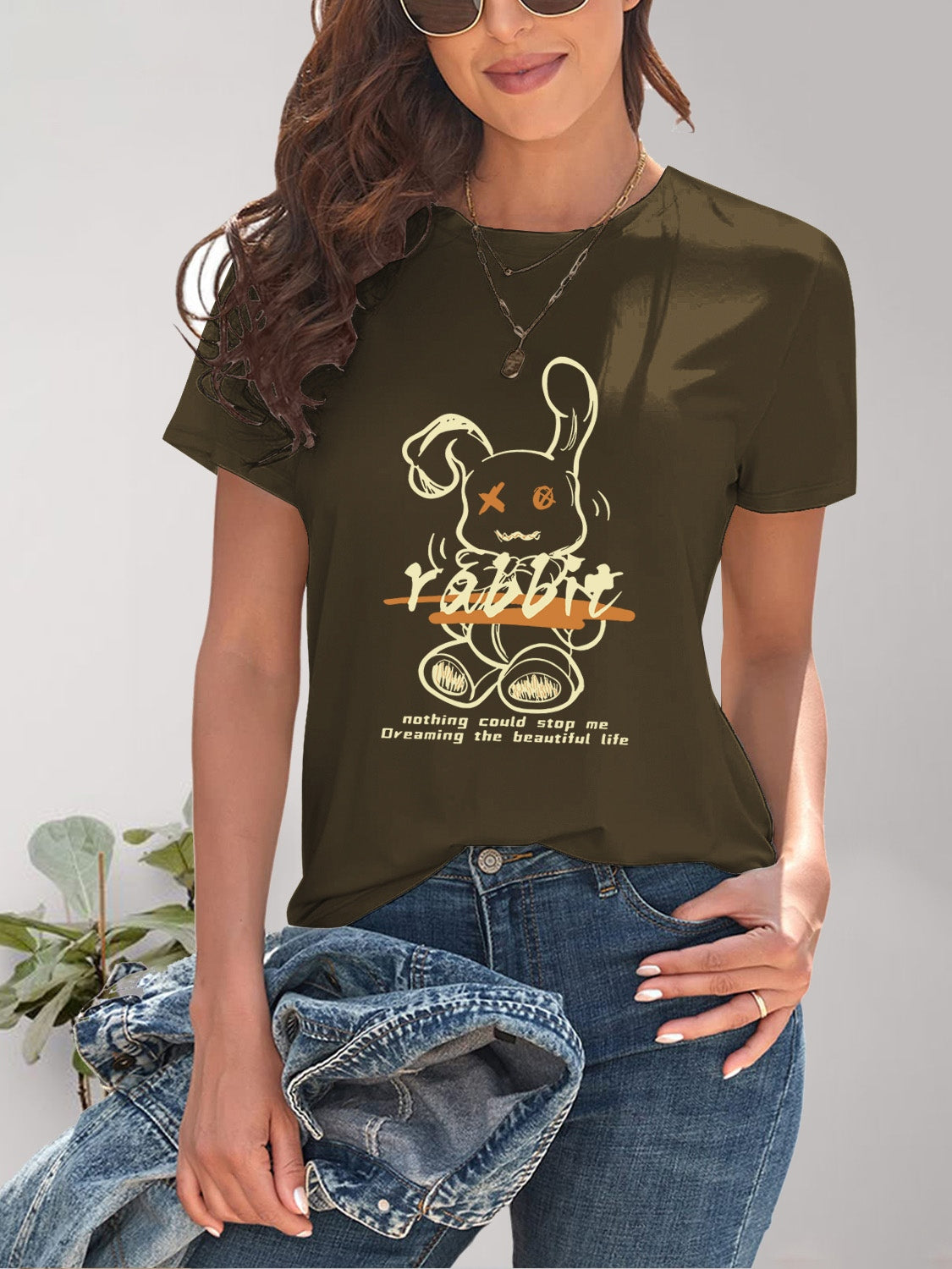 Dark olive rabbit graphic round neck short sleeve t-shirt