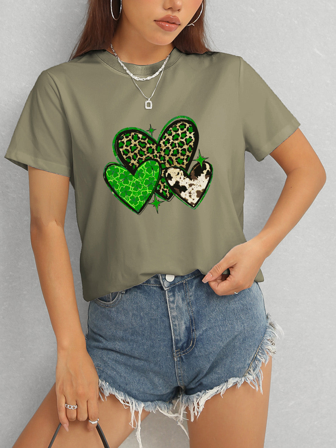 Olive green t-shirt with heart and leopard print