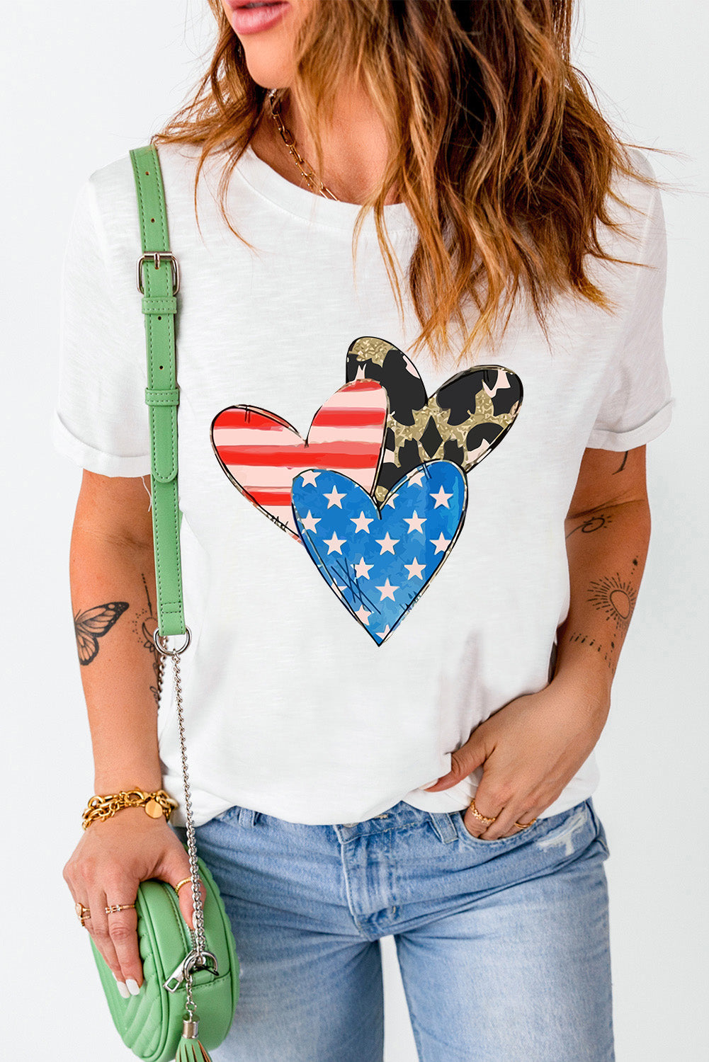 Heart round neck short sleeve T-shirt with patriotic design