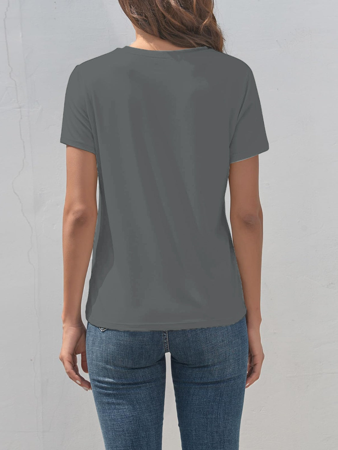Gray motorcycle graphic round neck T-shirt, back view