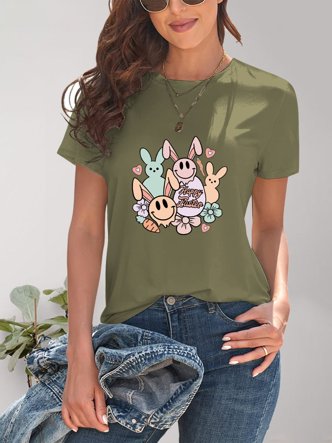 Olive graphic round neck short sleeve T-shirt front
