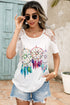 White blouse with dreamcatcher print and lace cold shoulder