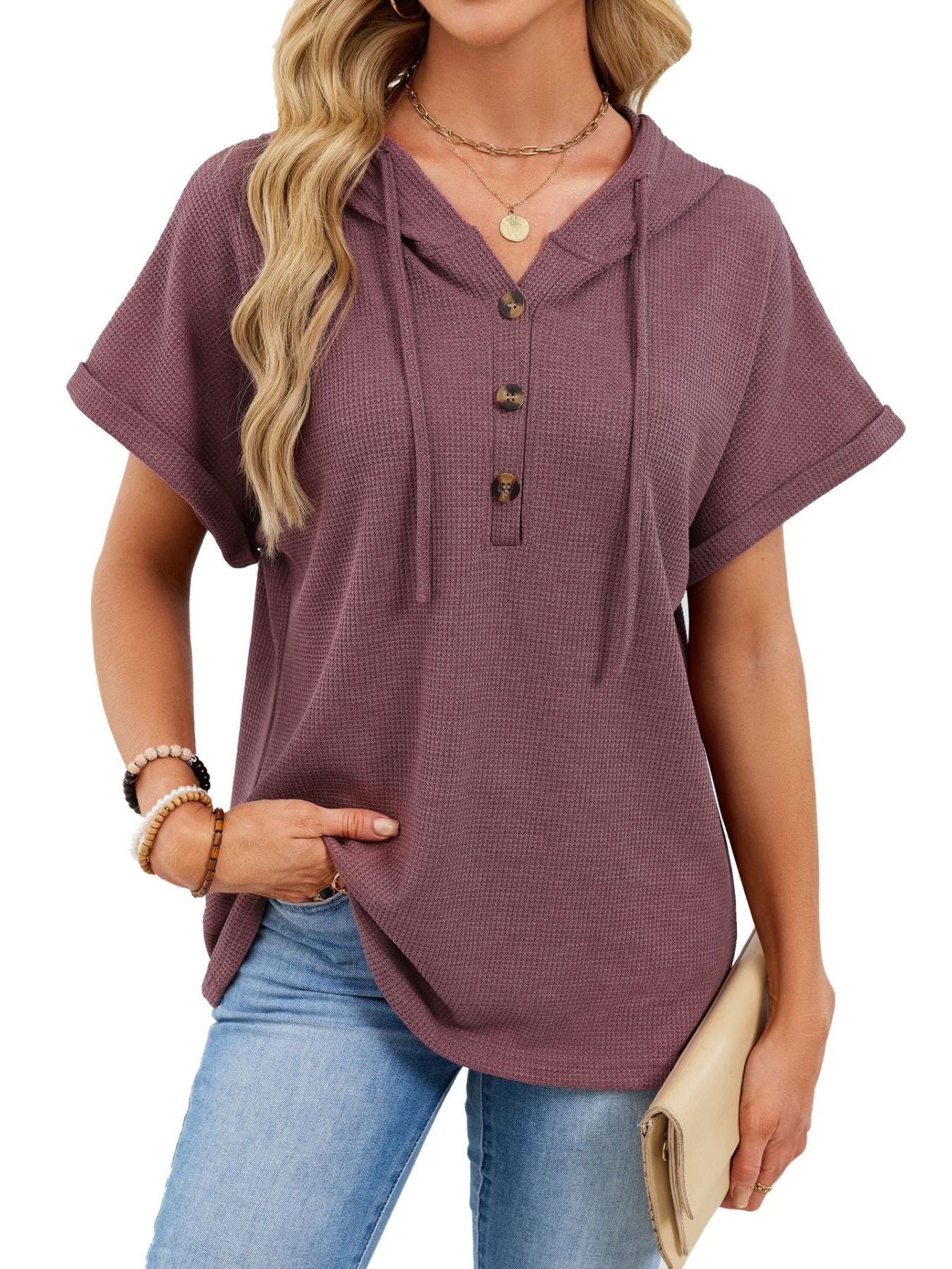 Casual Waffle Knit Button Detail Hooded Top