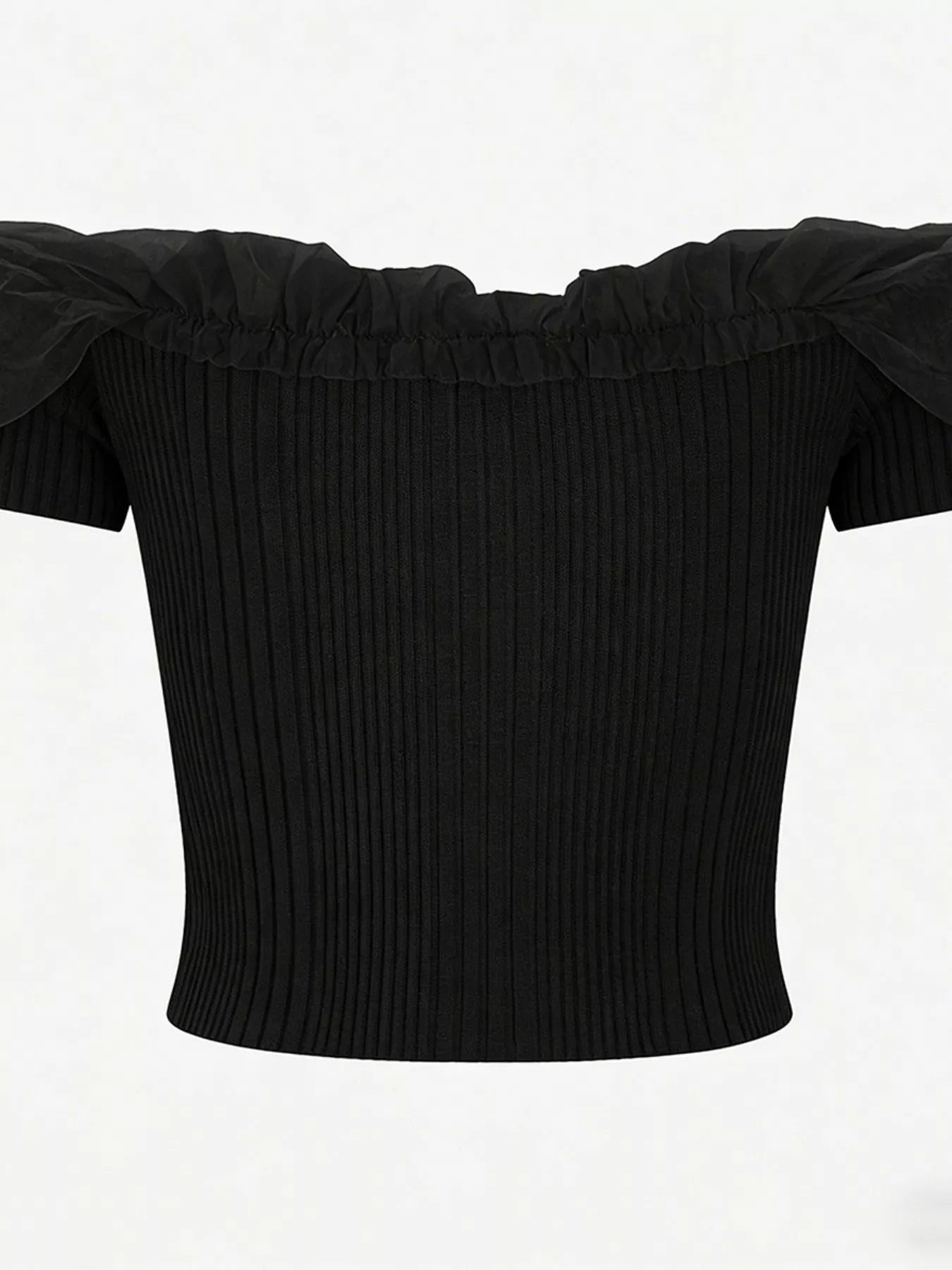 Ribbed Knit Off-Shoulder Ruffle Trim Top