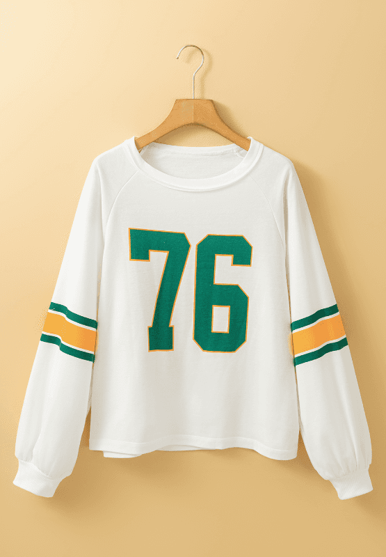 Number 76 top on hanger with striped sleeves