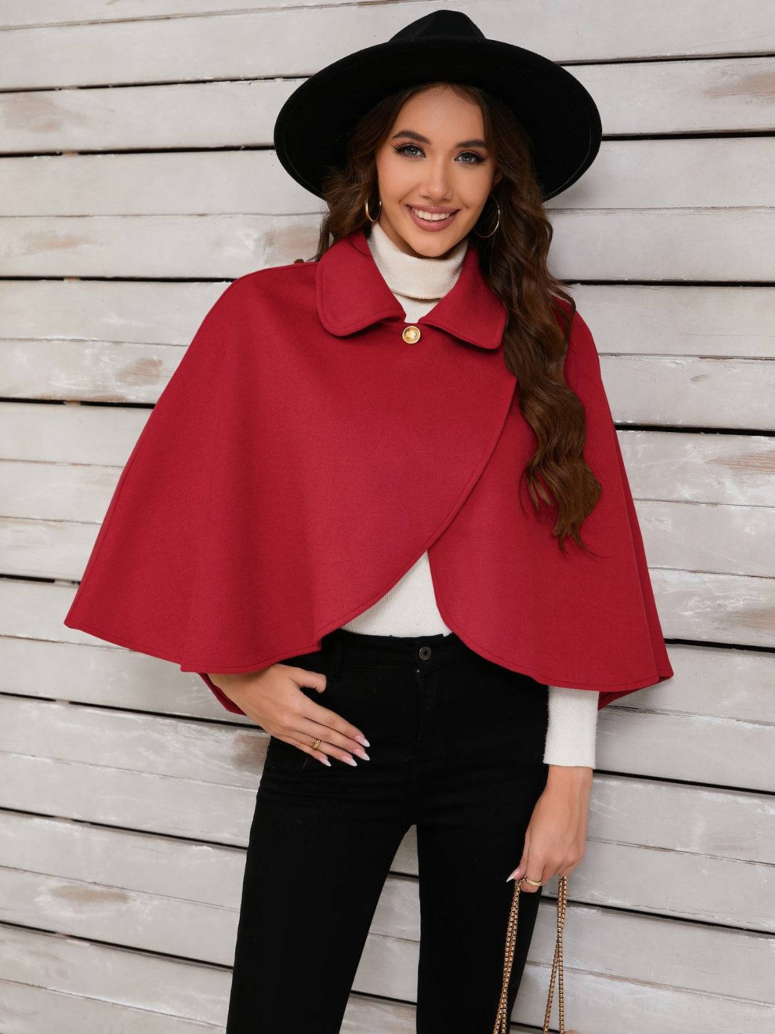Red collared neck cropped cape with hat, front view