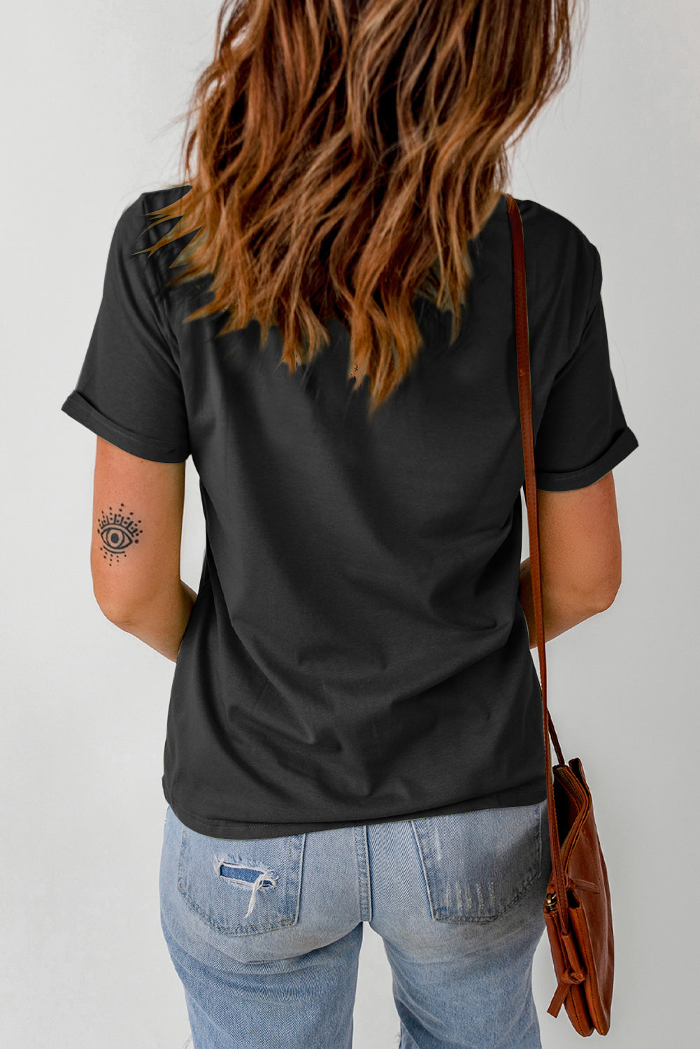 Back view of graphic round neck short sleeve T-shirt