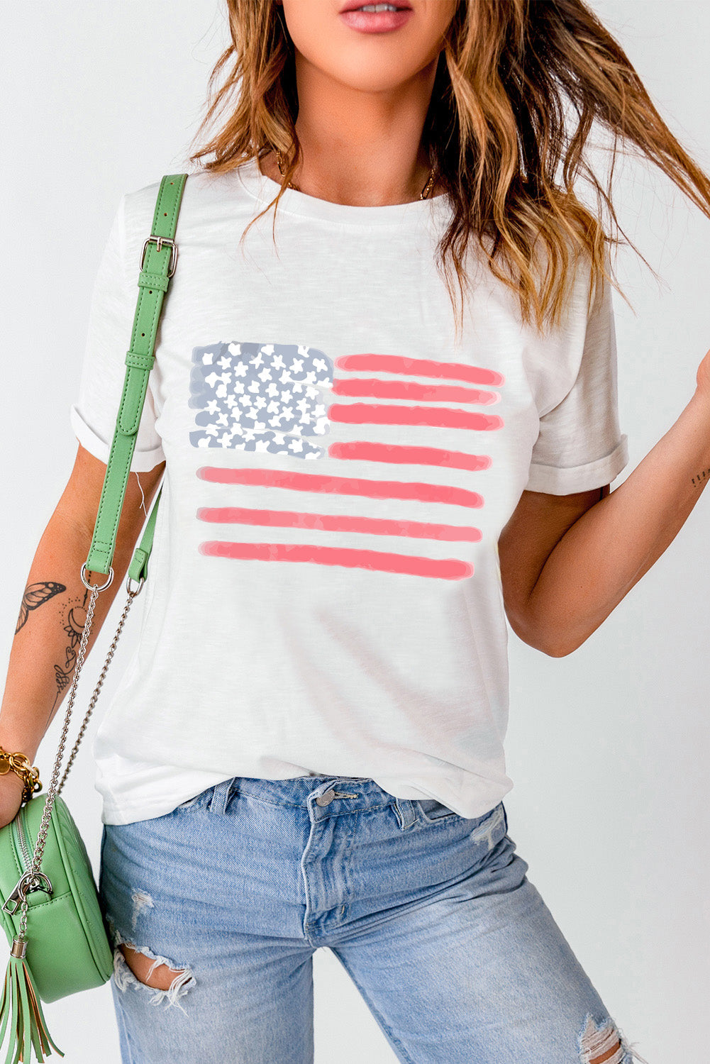 US Flag Round Neck T-Shirt with rolled sleeves