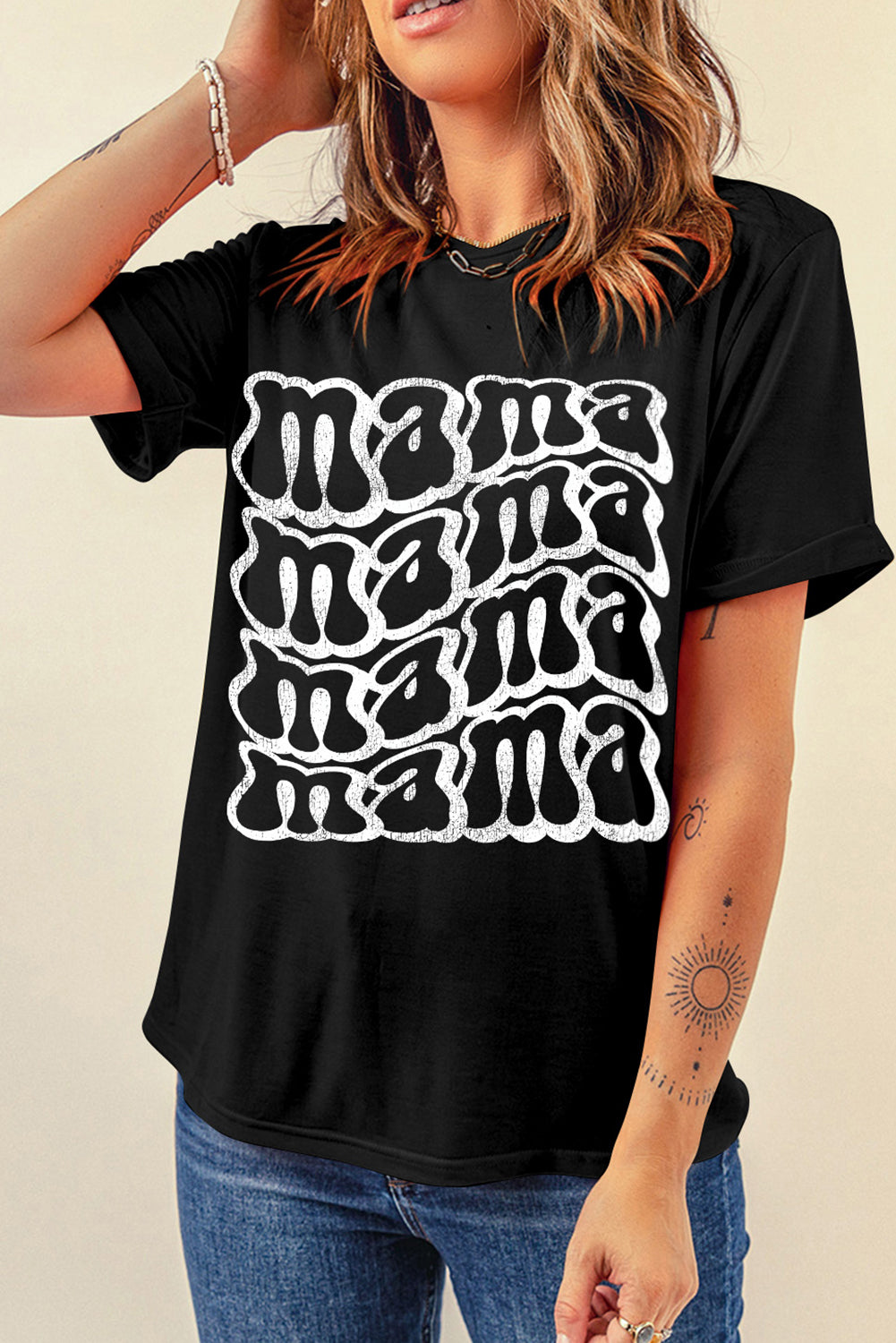 Black MAMA round neck short sleeve t-shirt front view