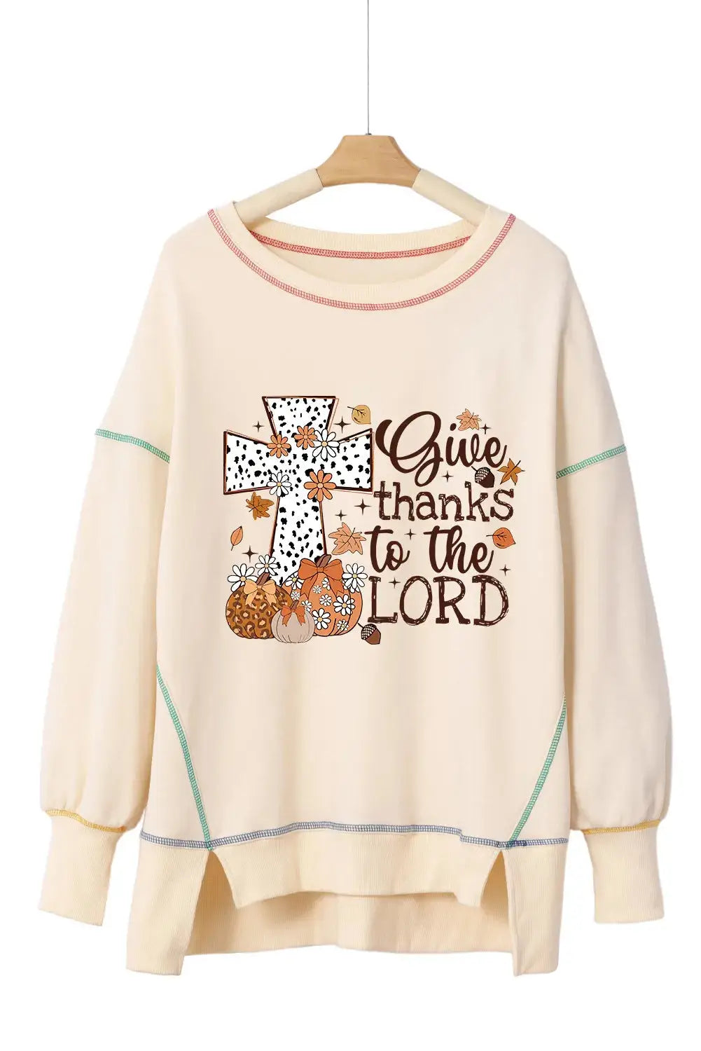 Front view of high-low contrast stitching sweatshirt