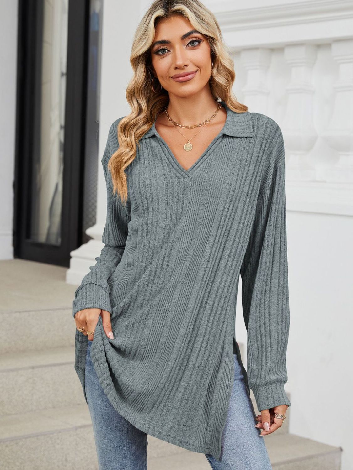 Green slit Johnny collar long sleeve t-shirt front view