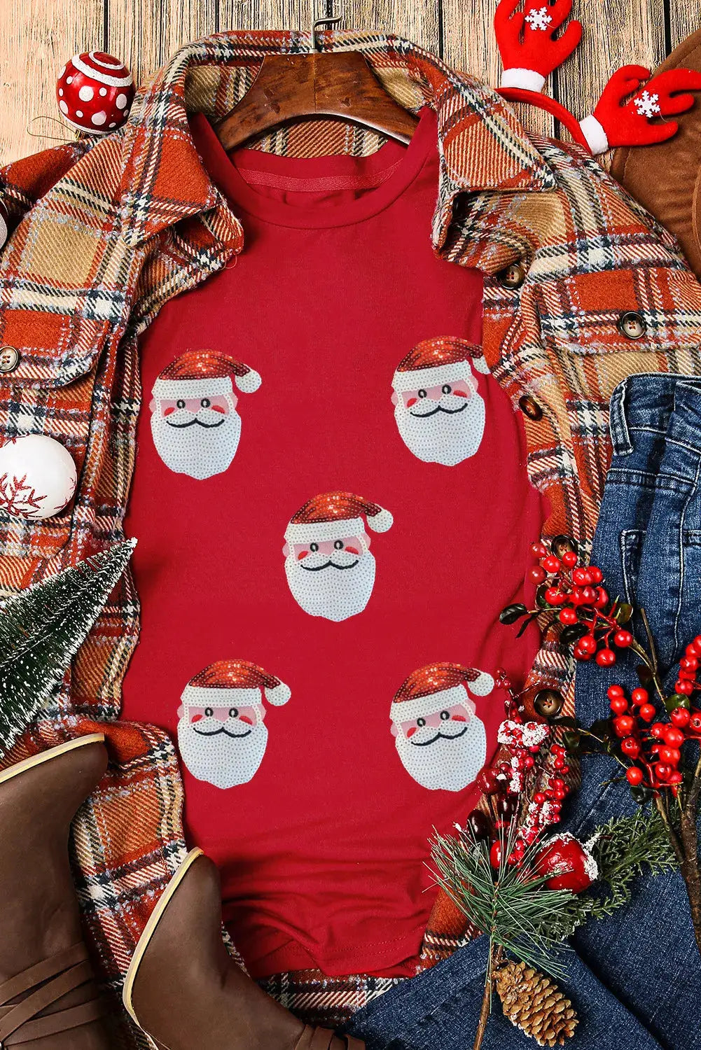 Red sequin Santa T-shirt styled with plaid shirt
