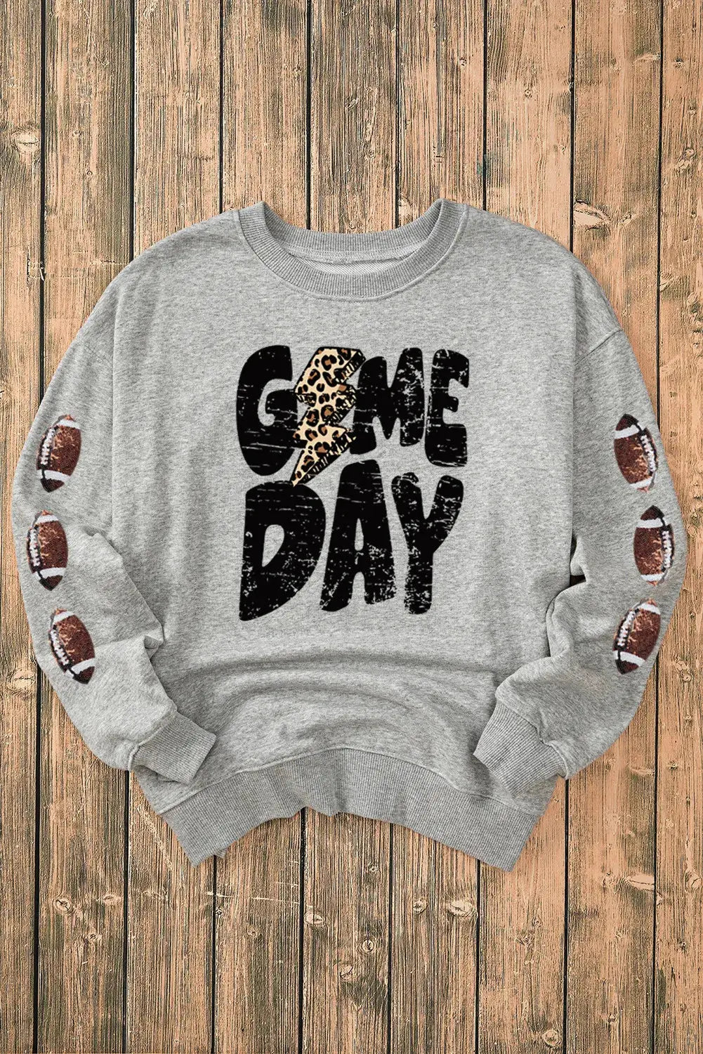 Gray GAME DAY sweatshirt with football sleeve design