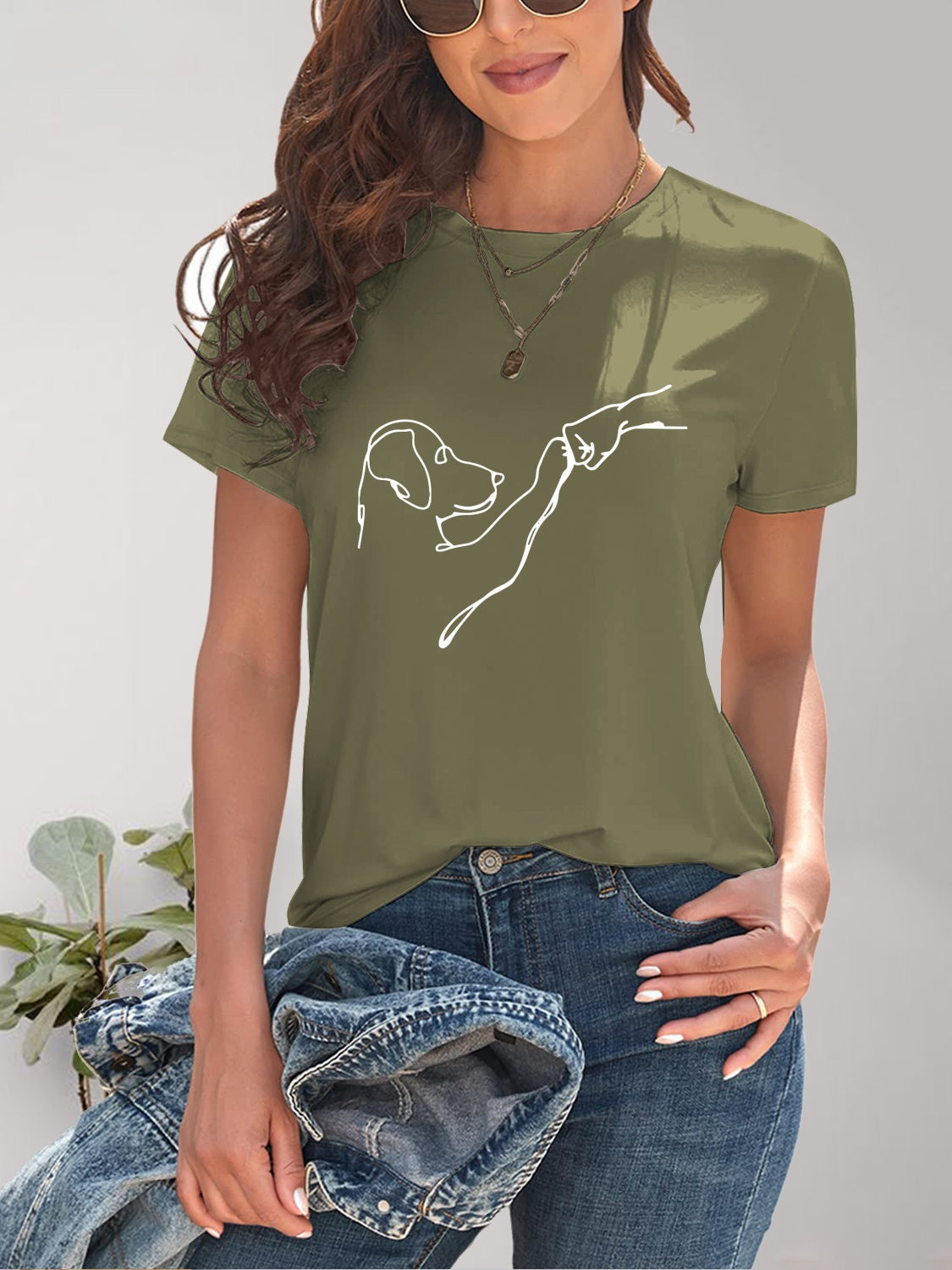 Olive dog graphic round neck t-shirt front view