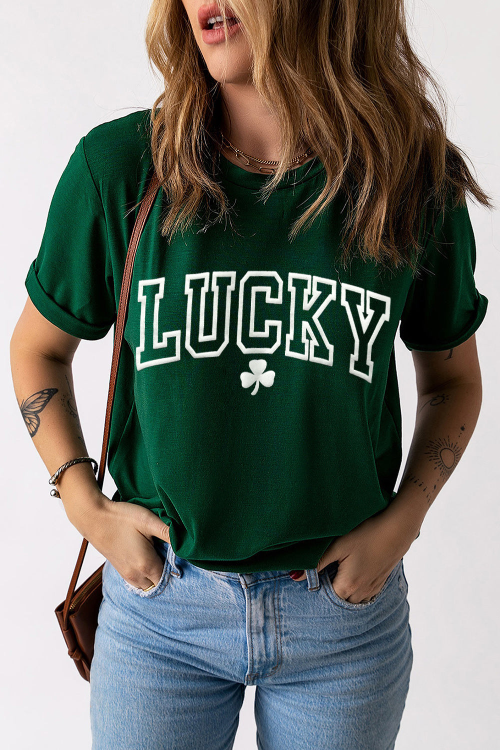 Green LUCKY round neck short sleeve t-shirt front view