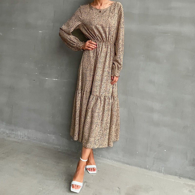 Robe longue léopard à manches longues et col rond pour femme, automne et hiver