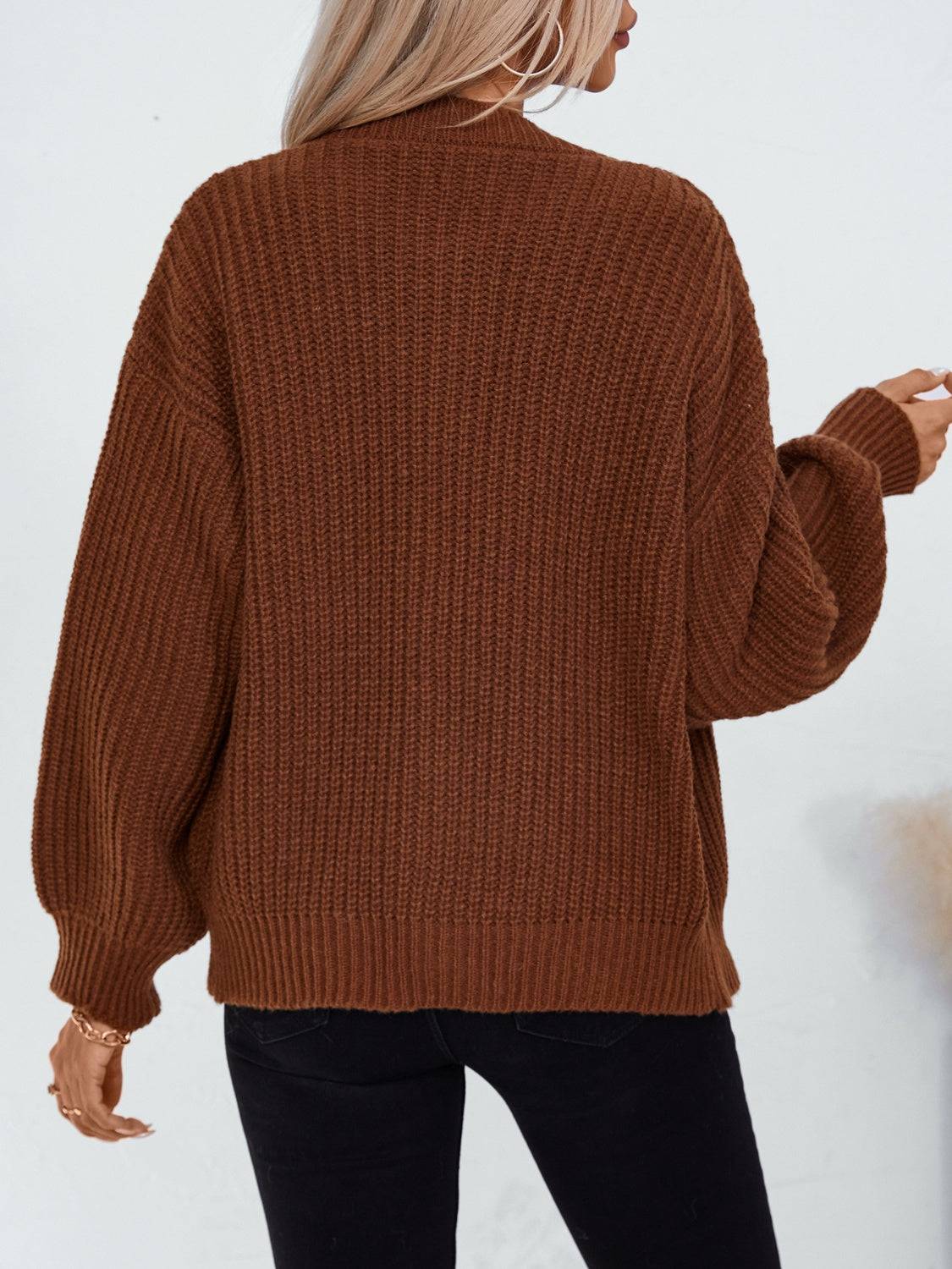 Back view of brown button down long sleeve cardigan