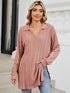 Pink slit Johnny collar long sleeve t-shirt front view