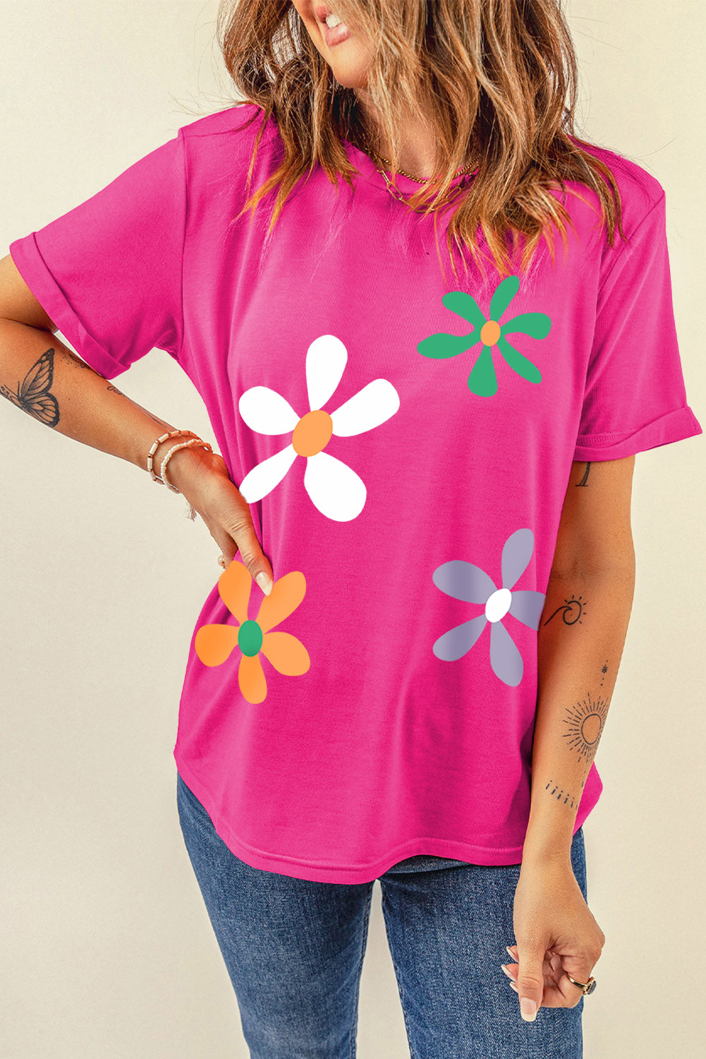 Pink flower round neck short sleeve t-shirt, side view