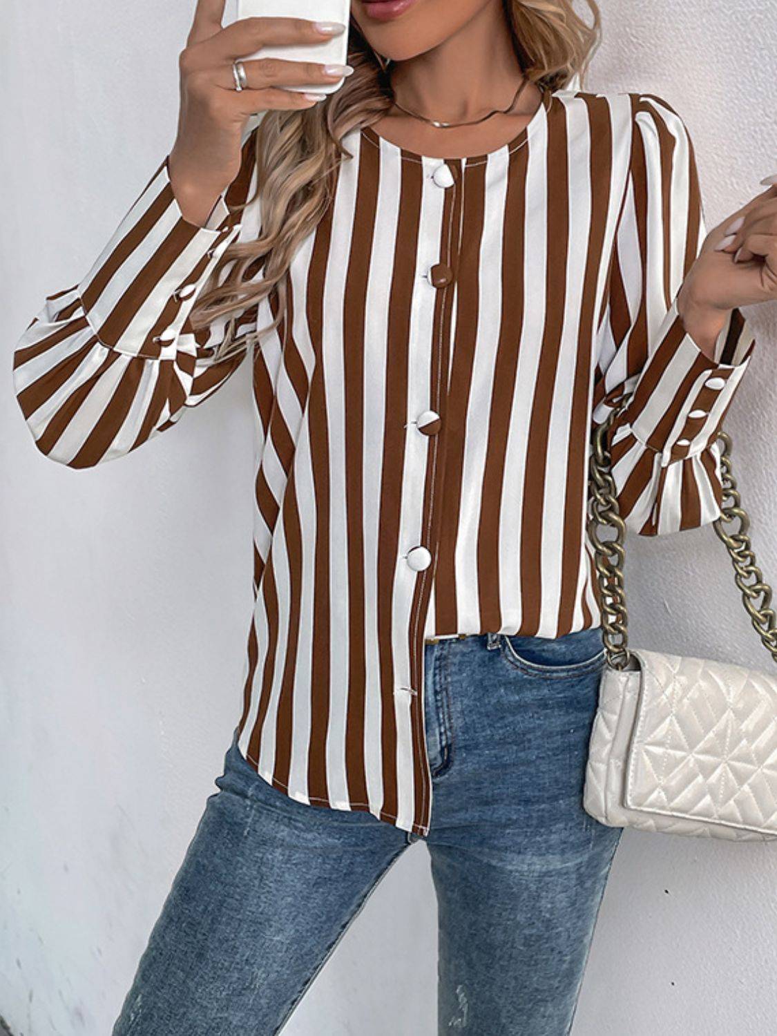 Perfee striped round neck long sleeve blouse