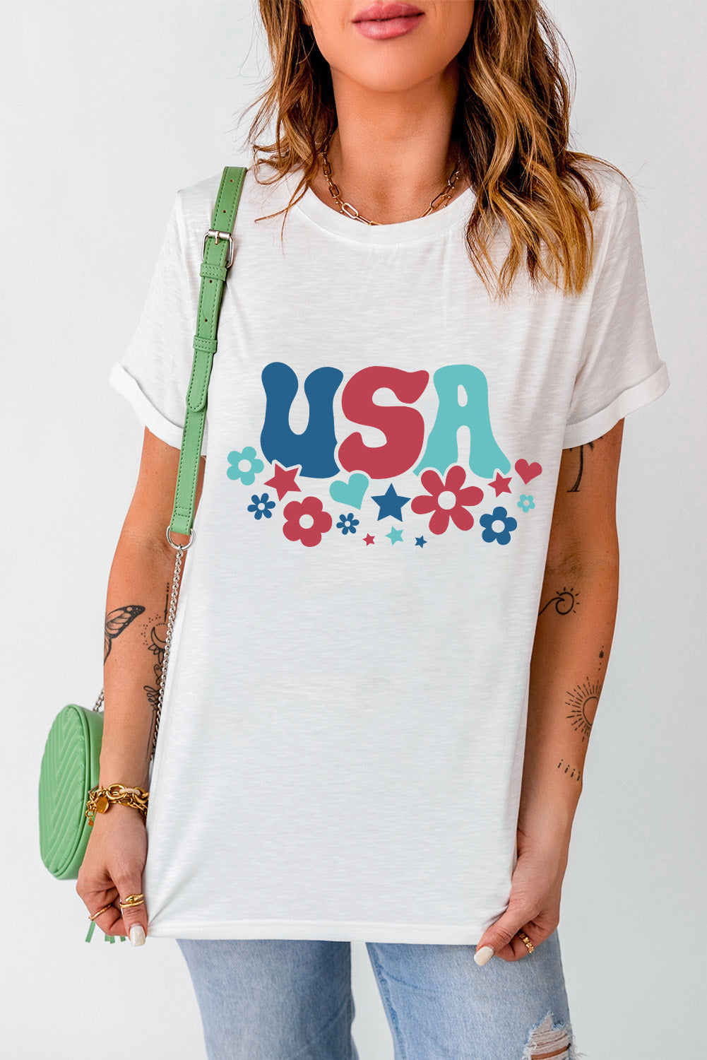 USA round neck short sleeve t-shirt with floral design