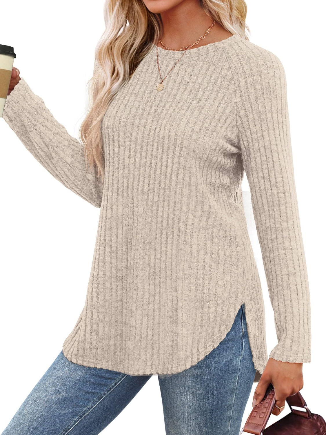 Beige ribbed round neck raglan sleeve t-shirt with coffee