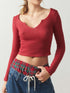 Red notched long sleeve t-shirt, front view
