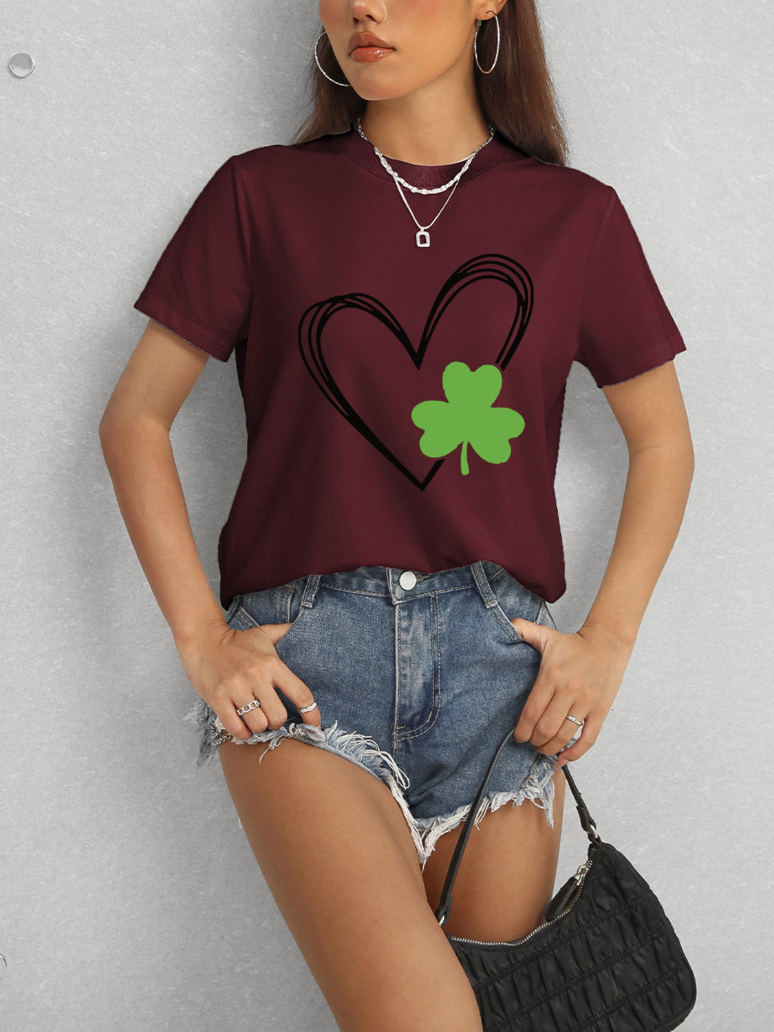 Maroon Heart Clover T-Shirt with Denim Shorts