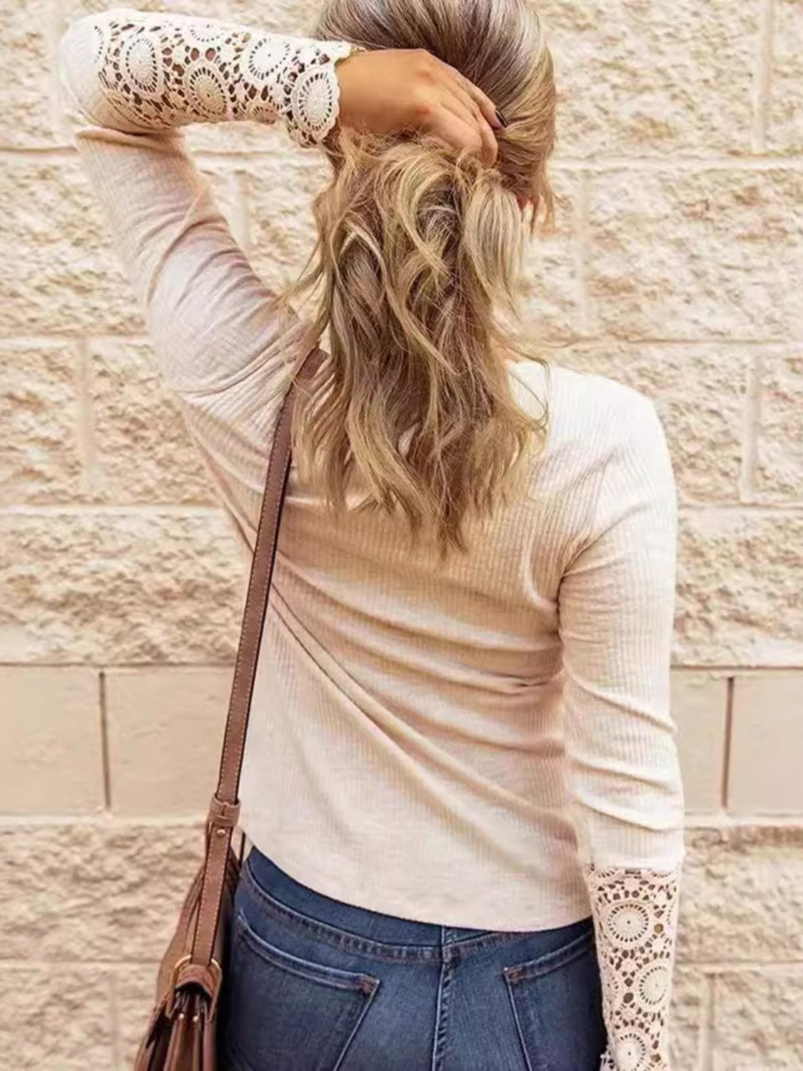 Lace detail round neck long sleeve T-shirt, back view