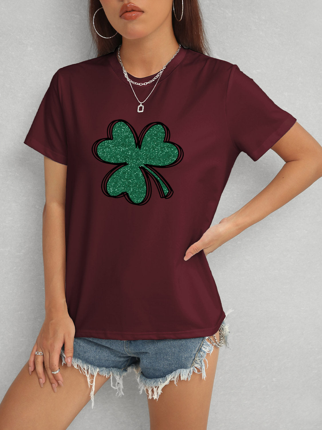 Burgundy Lucky Clover Round Neck T-Shirt