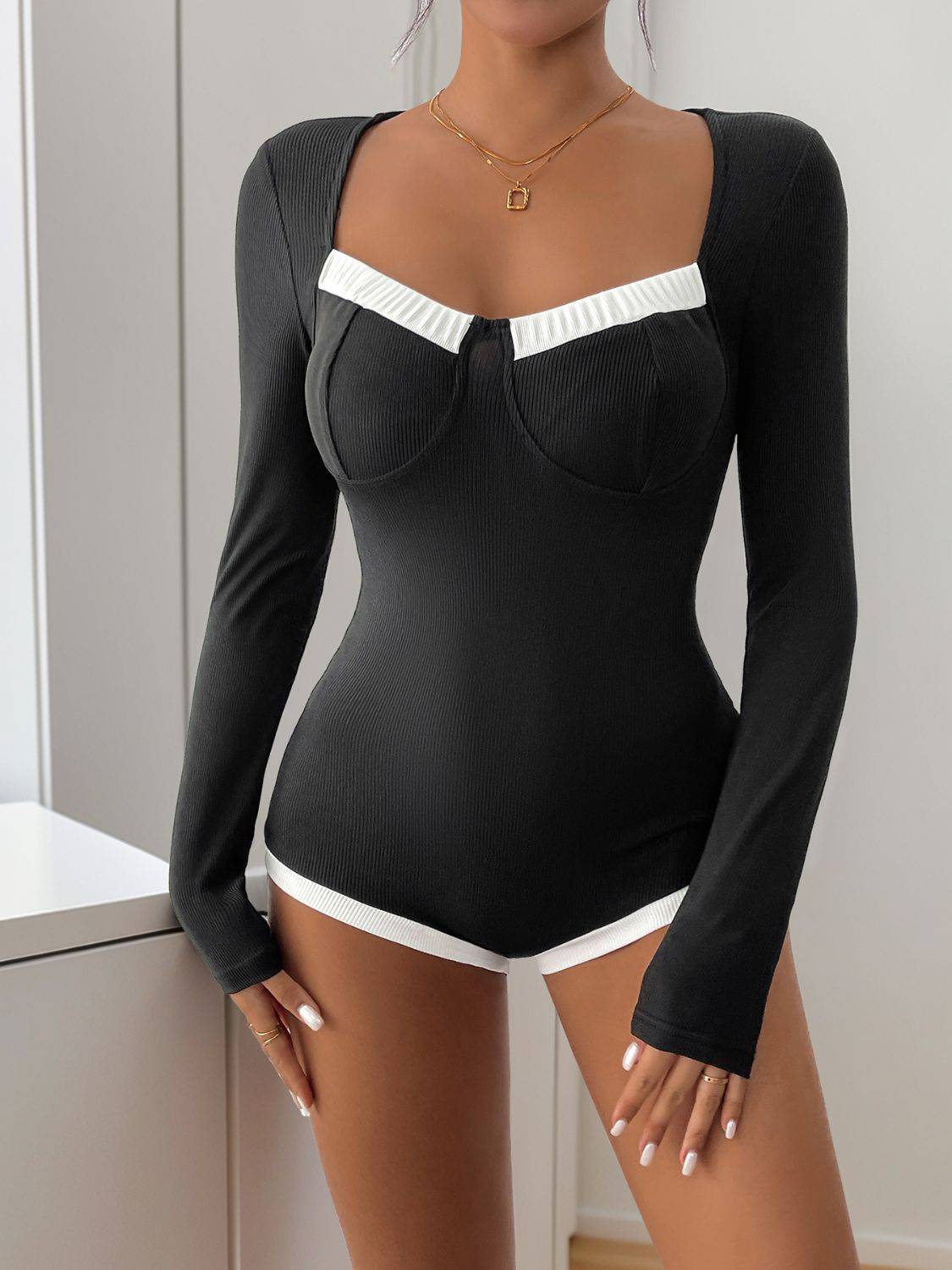 Perfee ribbed contrast long sleeve bodysuit, close-up