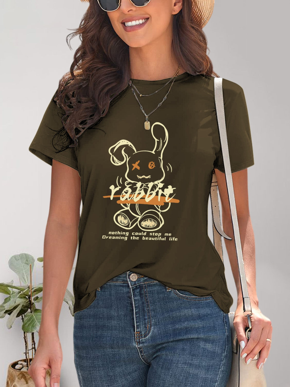 Dark olive rabbit graphic t-shirt with round neck and short sleeves