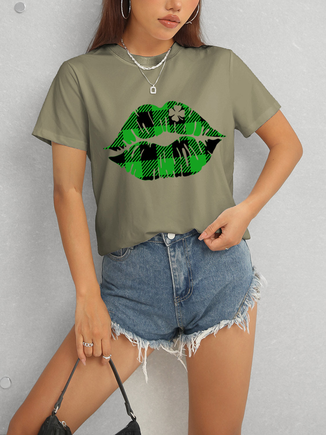 Olive t-shirt with green plaid lip design
