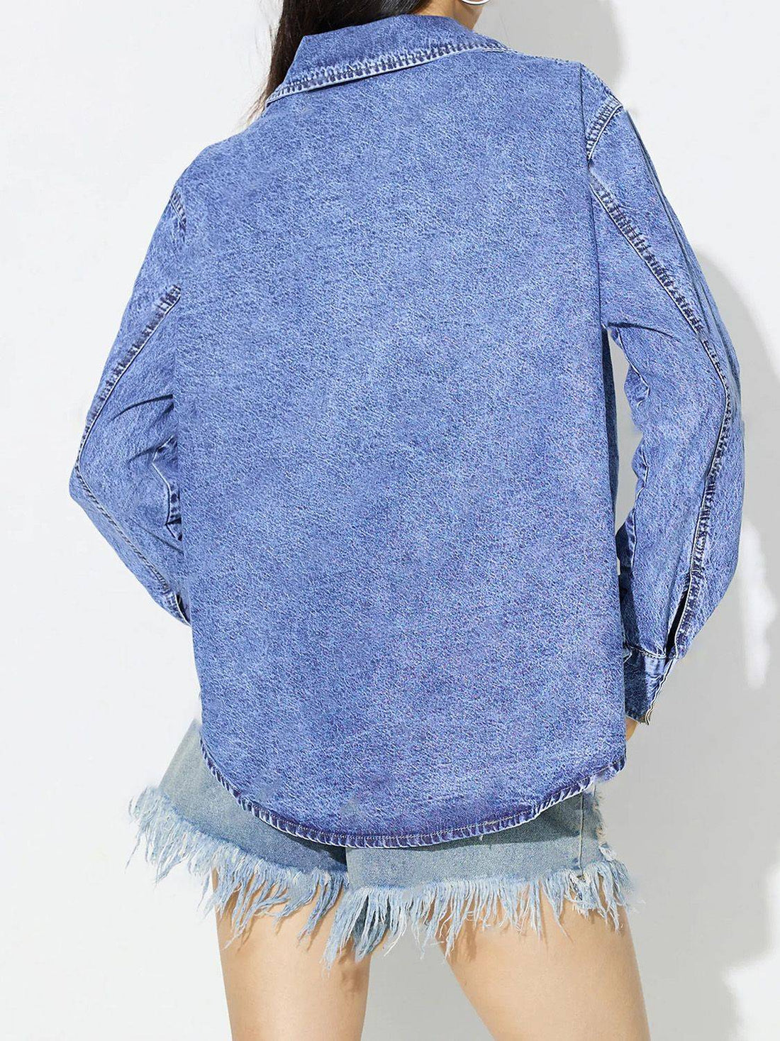 Curved hem collared neck denim top, back view