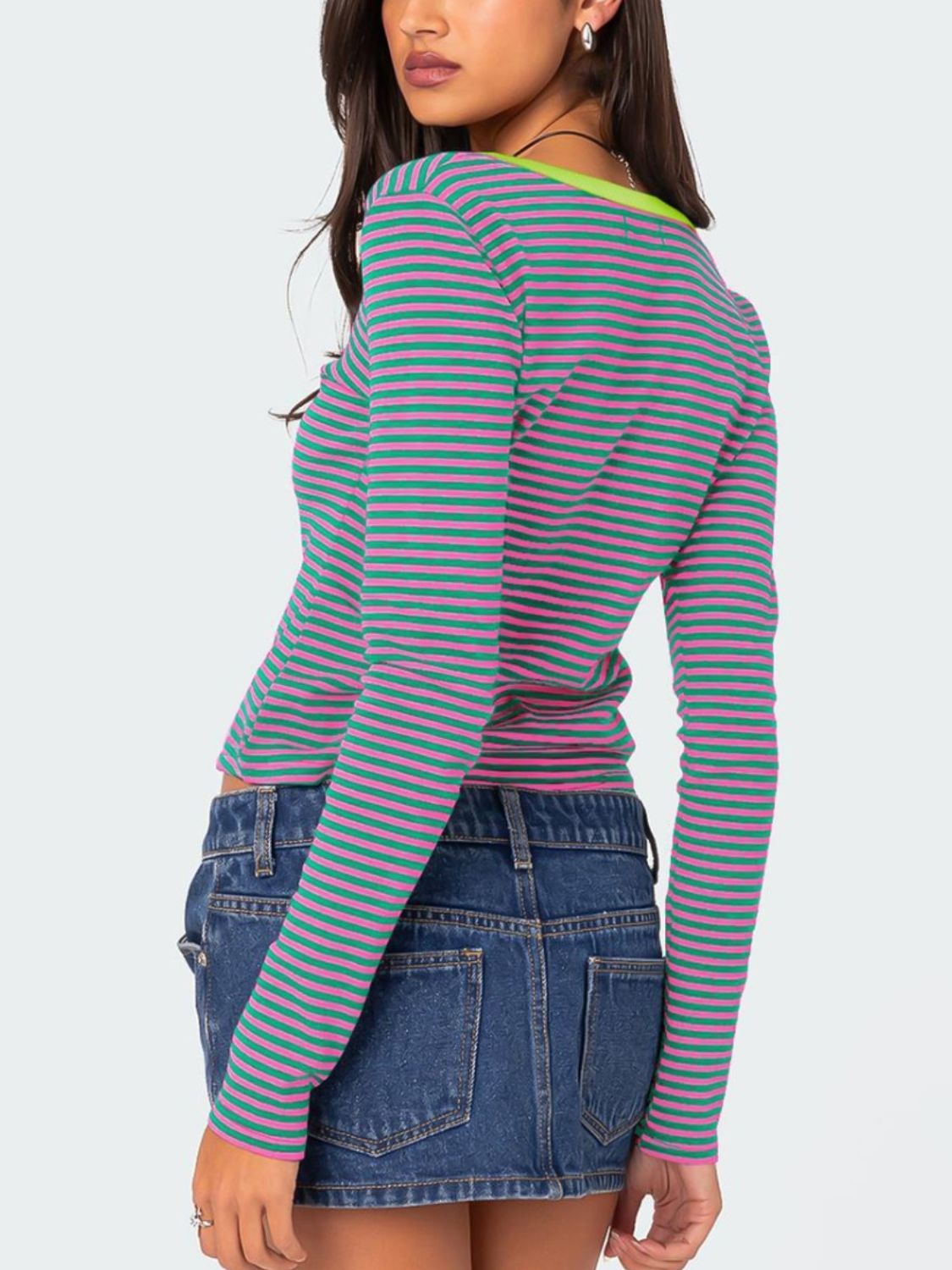 Back view of colorful striped T-shirt with green trim