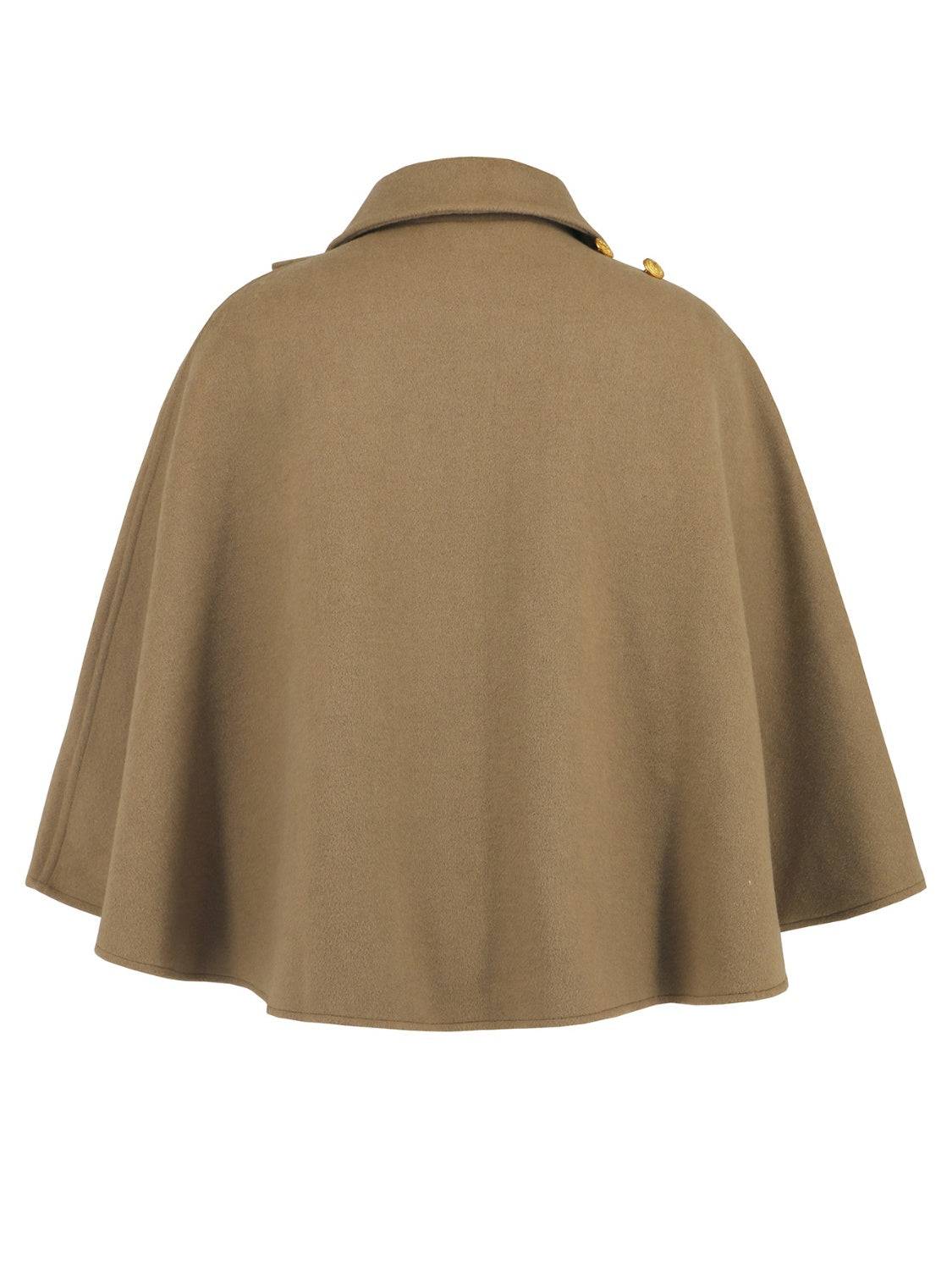 Khaki collared neck cropped cape, back view