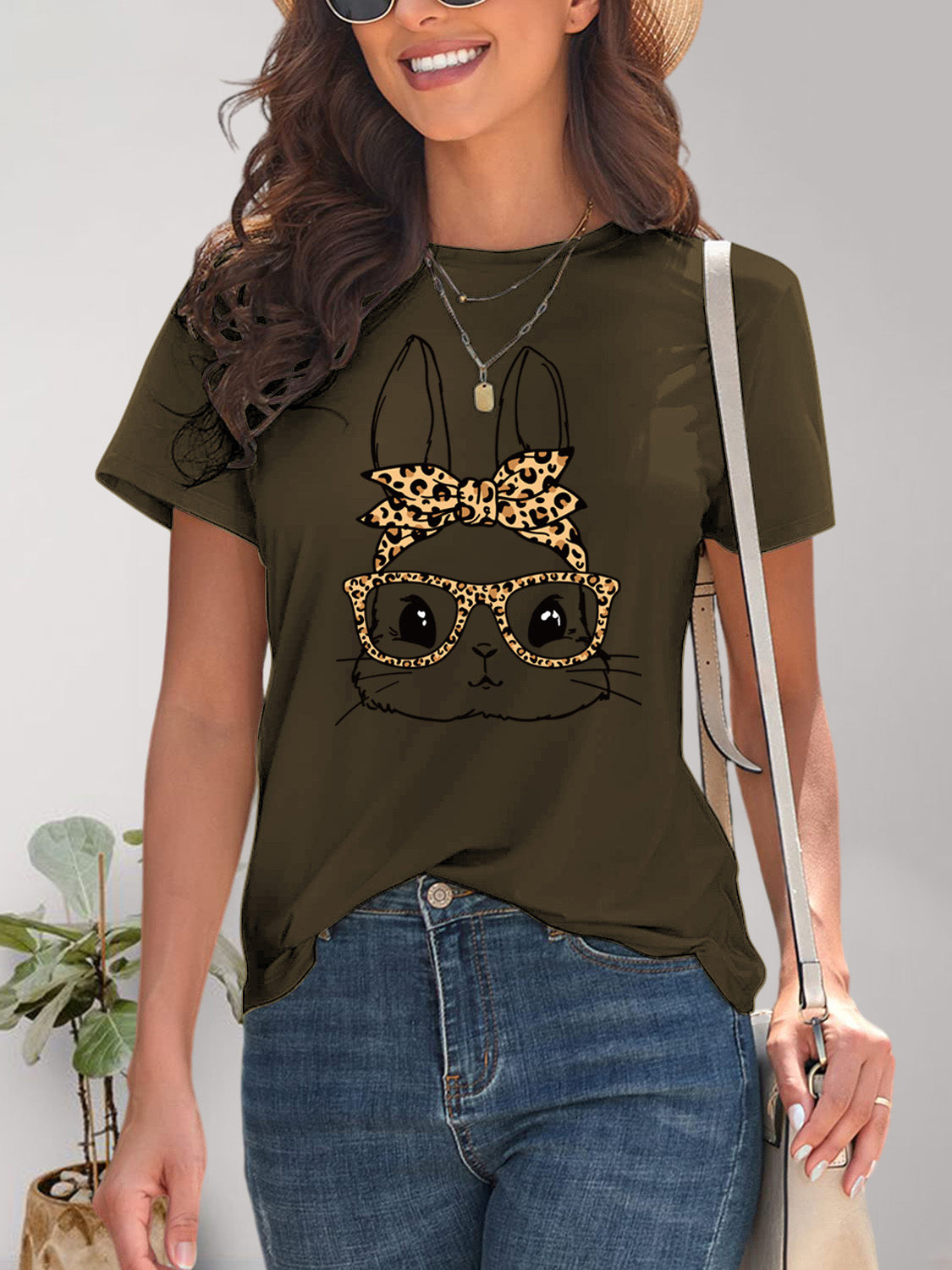 Dark olive rabbit graphic T-shirt with round neck and short sleeves