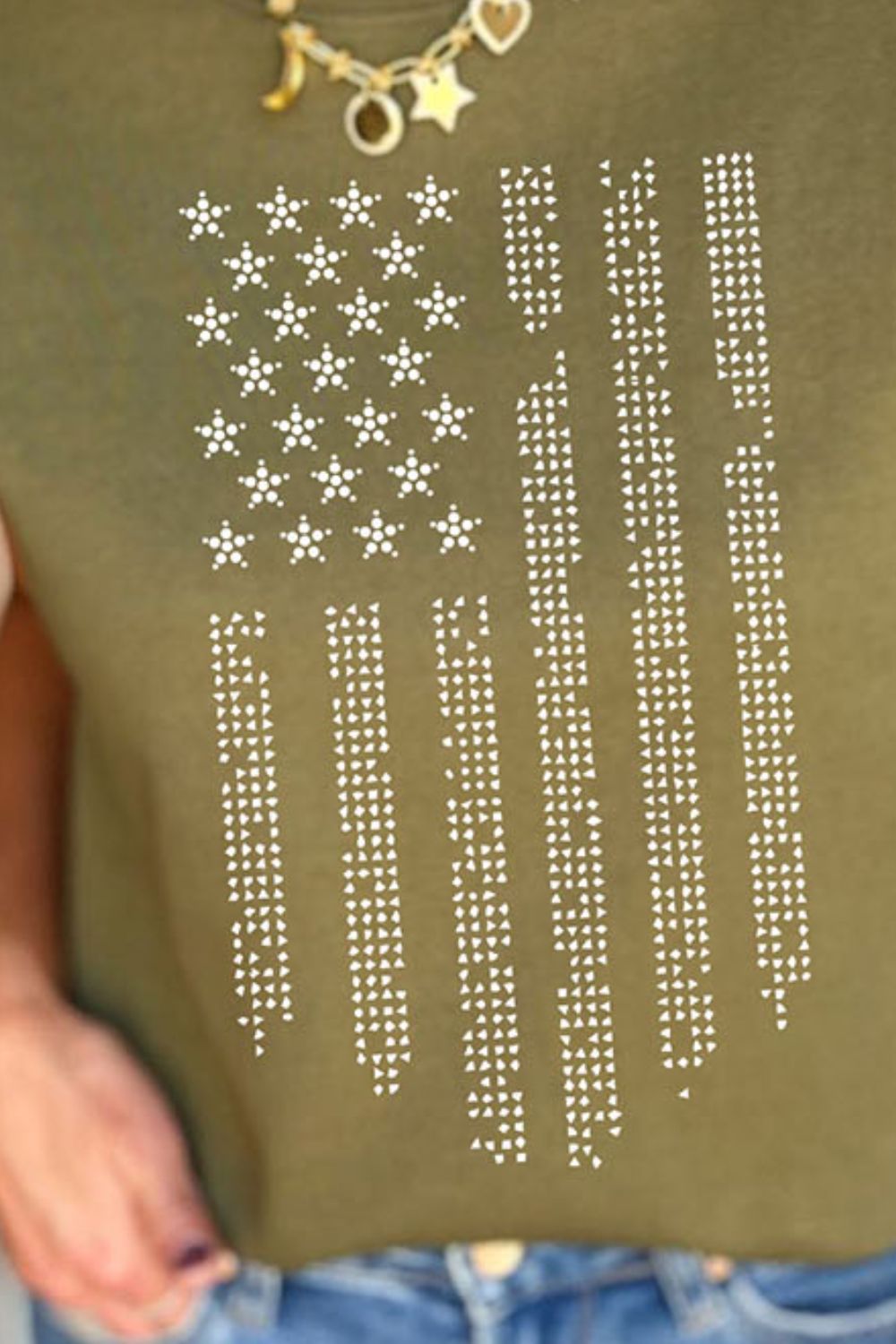 Close-up of rhinestone US flag design on T-Shirt