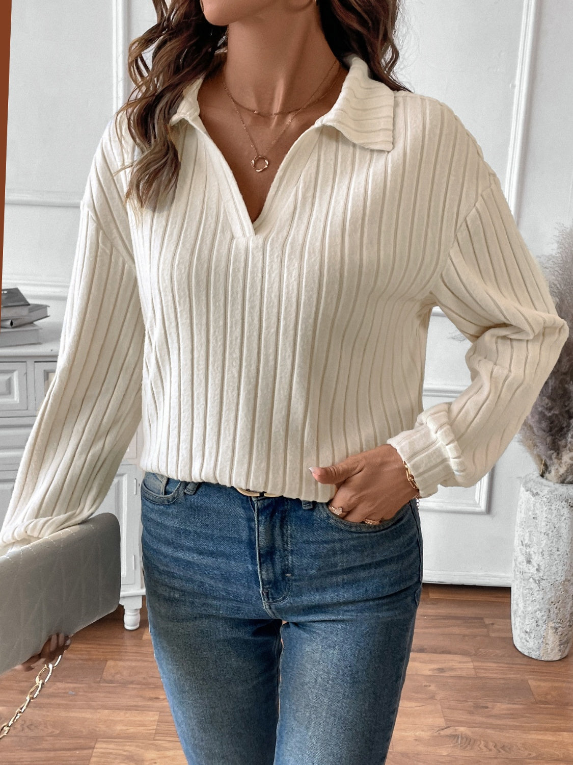 Stylish Ribbed Johnny Collar Long Sleeve T-Shirt