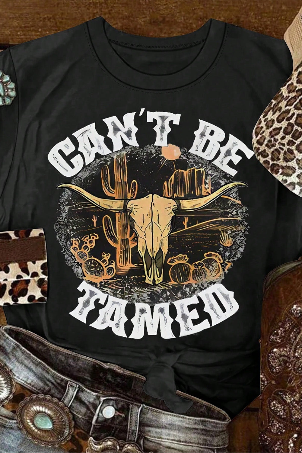 Flat lay of black t-shirt with &