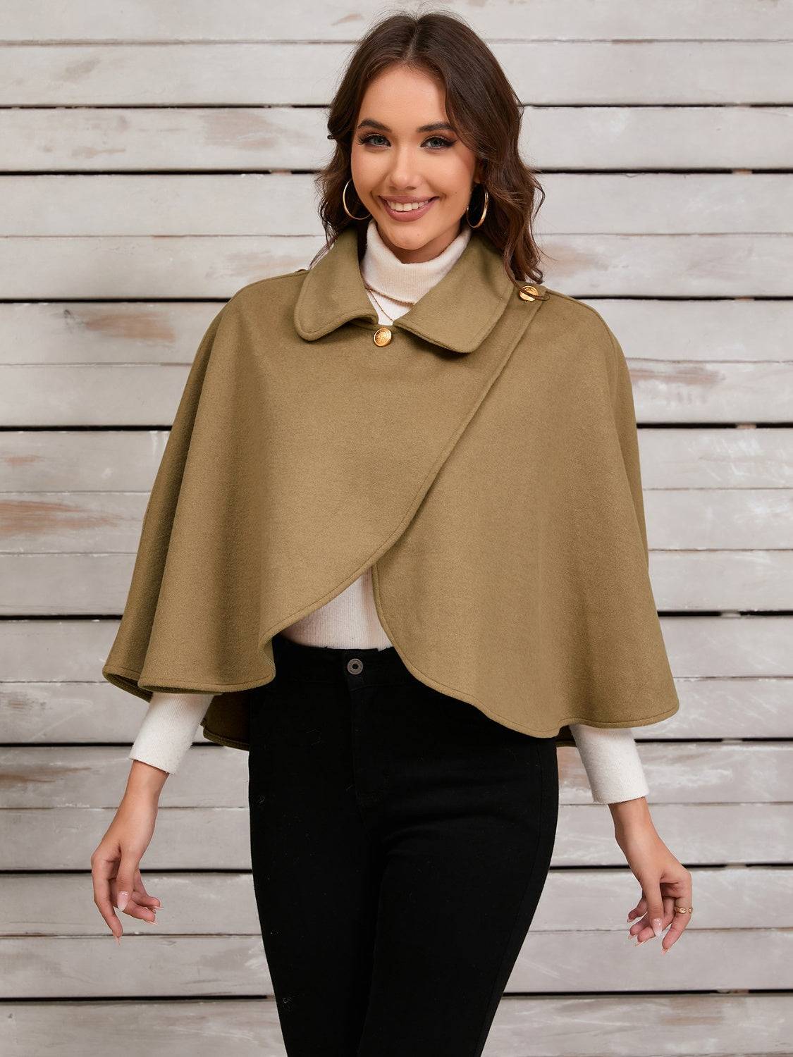 Khaki collared neck cropped cape, front view