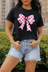 Black T-shirt with pink bow graphic, round neck, short sleeves.