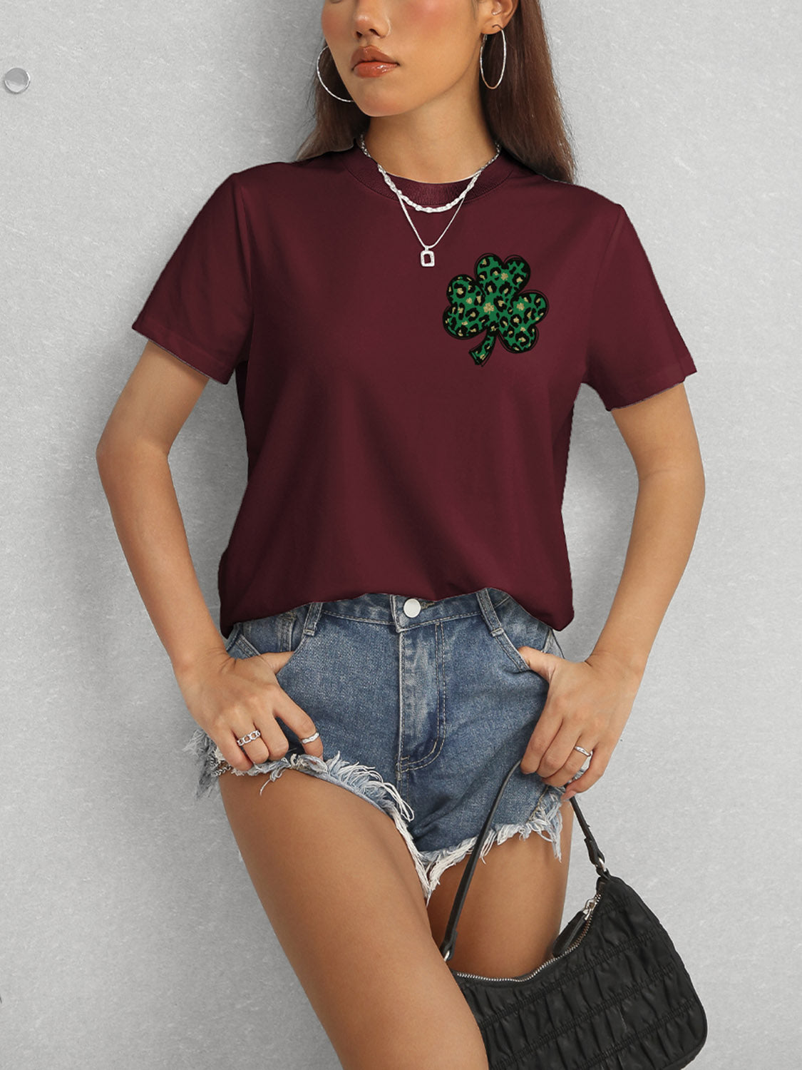 Burgundy Clover T-Shirt with Round Neck