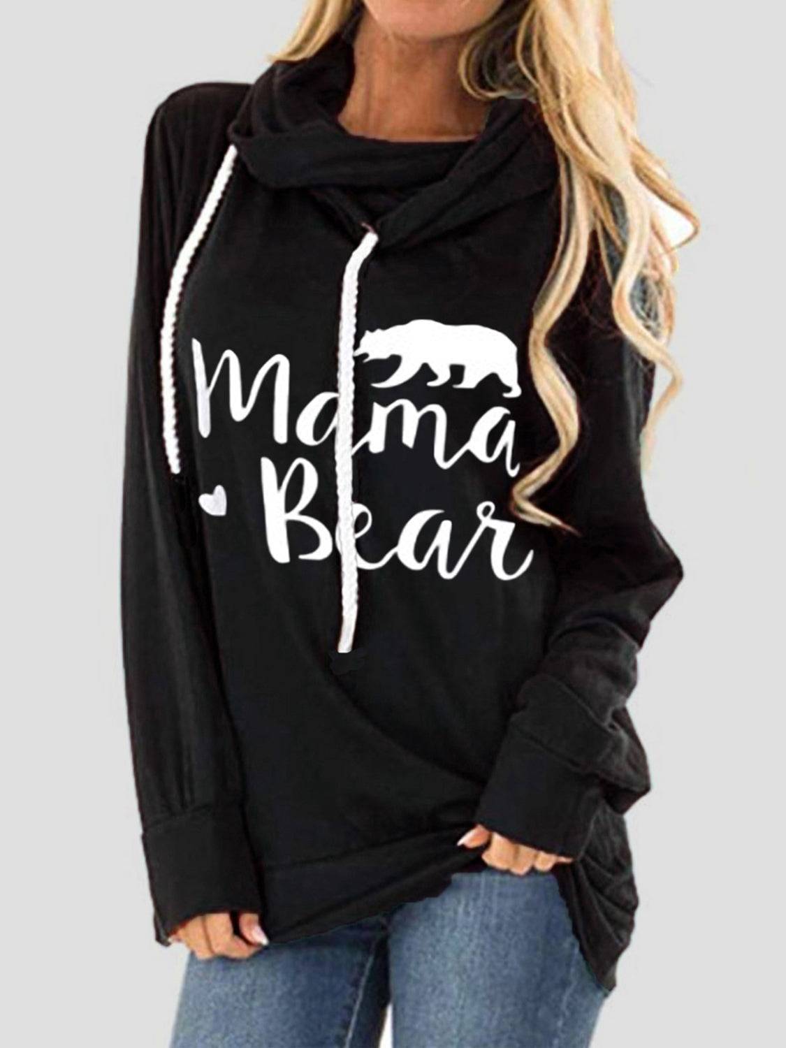 Black Mama Bear graphic hoodie with drawstrings