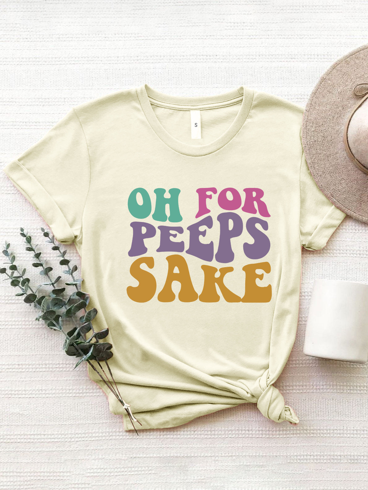 Light yellow OH FOR PEEPS SAKE round neck t-shirt with colorful text